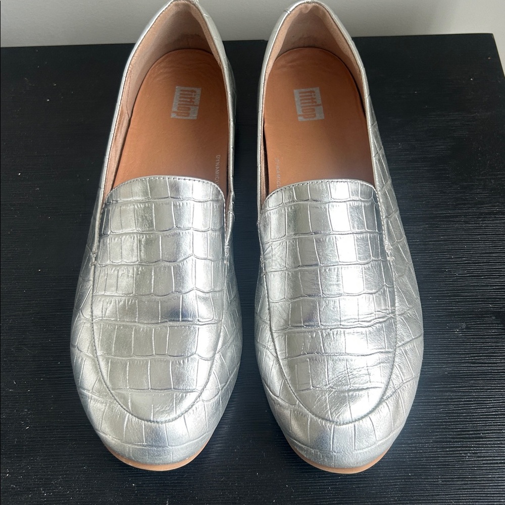 Fitflop Lena Croc-Embossed Silver Metallic Leather Loafer Flat Size 8 Comfort - Picture 16 of 16